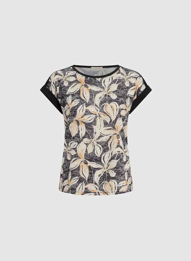 T-shirt floral à bordures unies