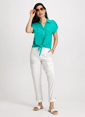 Button Down Blouse & Drawstring Waist Cargo Capris