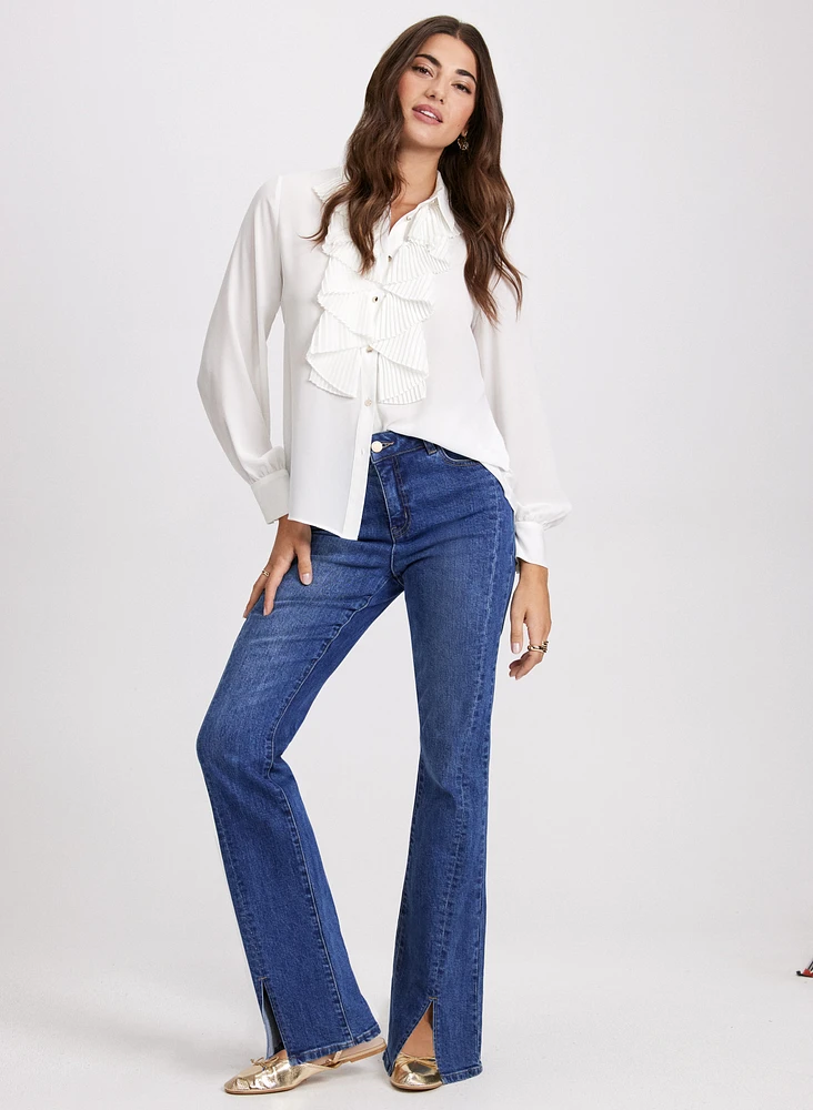 Plissé Detail Blouse & Flared Slit Jeans