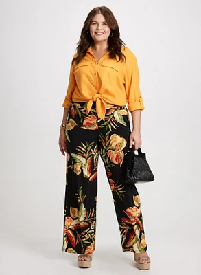 Linen Blend Shirt & Tropical Wide Leg Pants