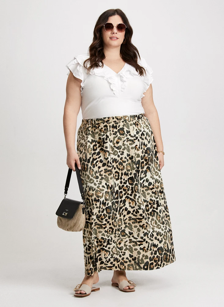 Ruffle Trim Tee & Long Leopard-Print Skirt