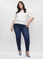 Pointelle Short Sleeve Sweater & Embellished Hem Jeans