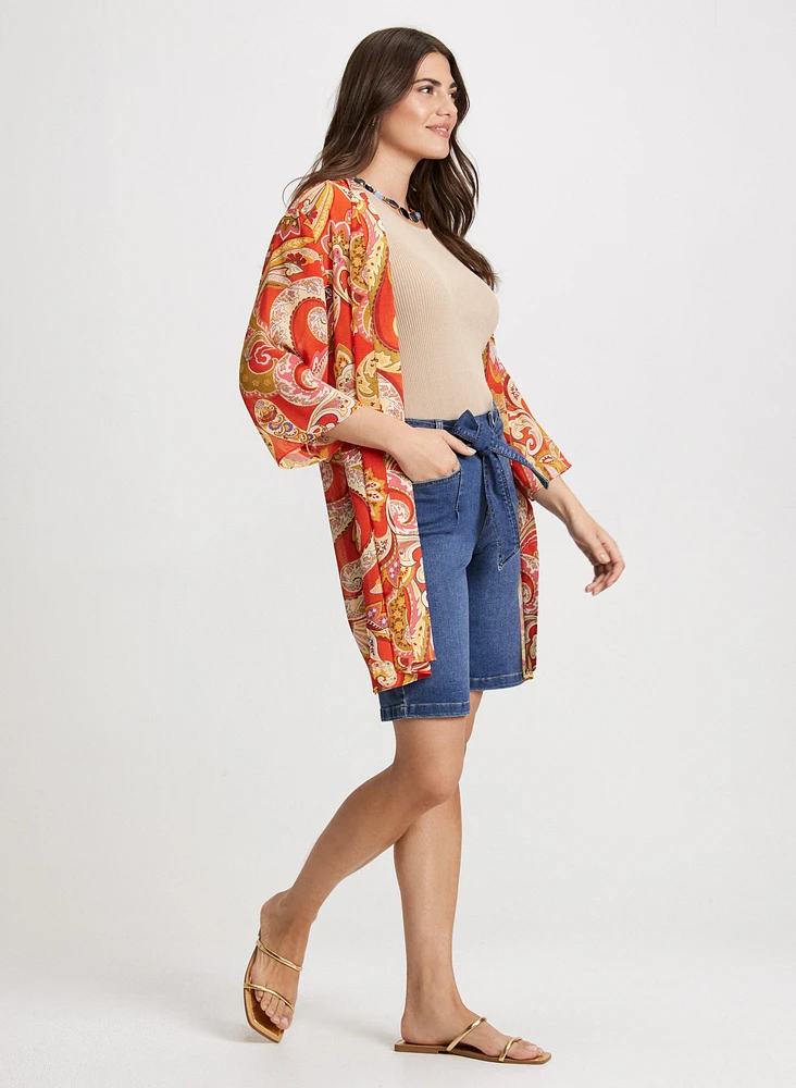 Paisley Open Cardigan & Sash Denim Shorts