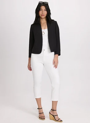 Short Collarless Jacket & Crochet Trim Denim Capris