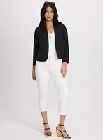 Short Collarless Jacket & Crochet Trim Denim Capris