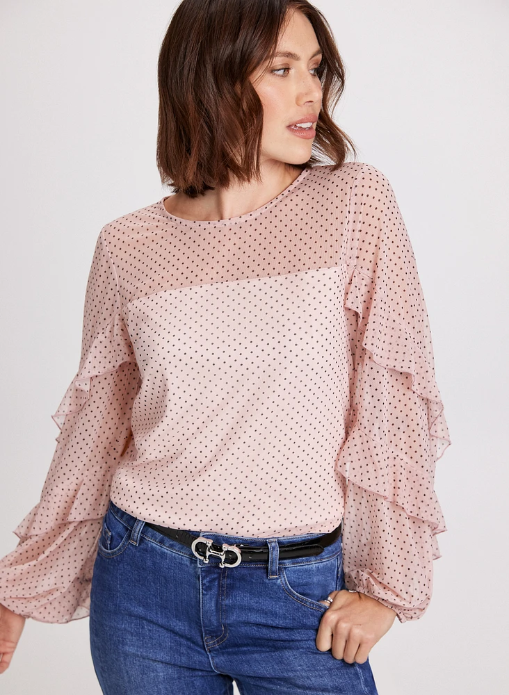 Polka Dot Ruffled Mesh Sleeves Top