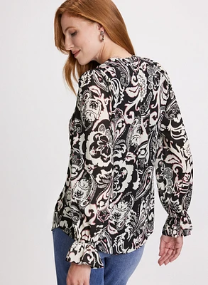 Paisley Print Ruffle Front Blouse