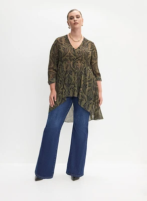 Leaf Print Button-Up Blouse & Pull-On Flare Leg Jeans