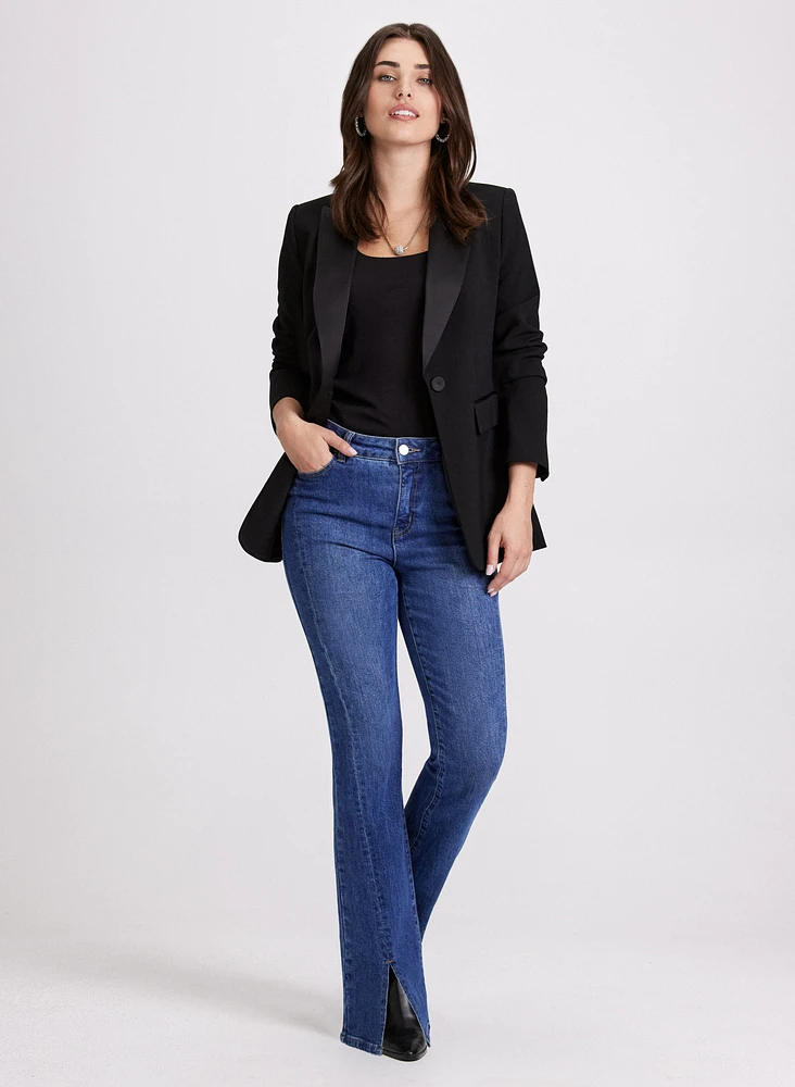 Satin Lapel Tuxedo Jacket & Flared Split Hem Jeans