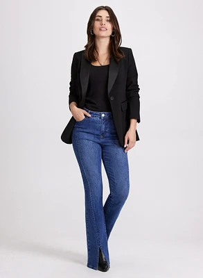 Satin Lapel Tuxedo Jacket & Flared Split Hem Jeans