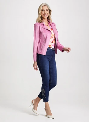 Zip Detail Jacket & Embellished-Hem Ankle Jeans