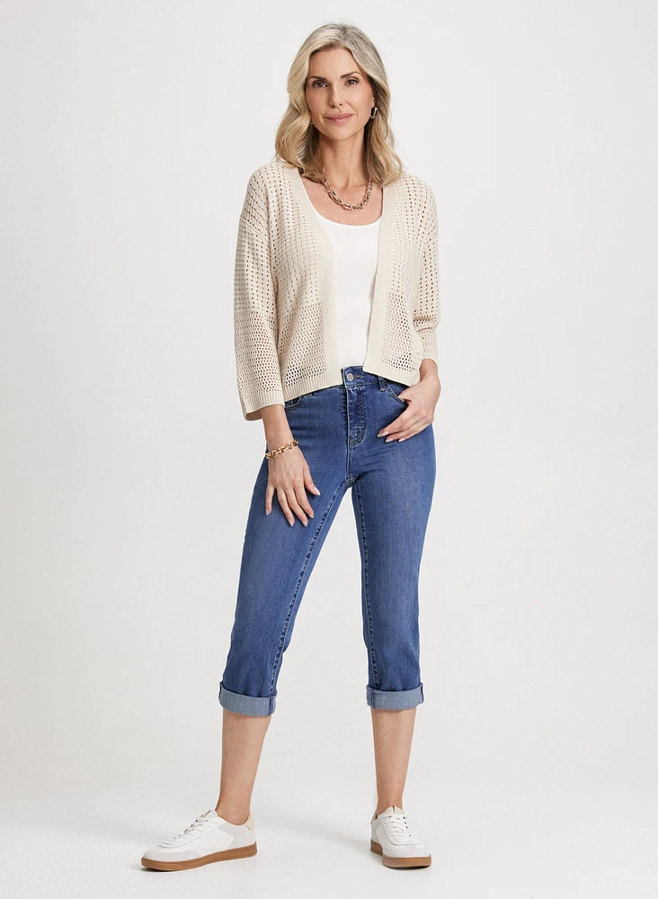 Open-Knit Cardigan & Rolled-Cuff Denim Capris