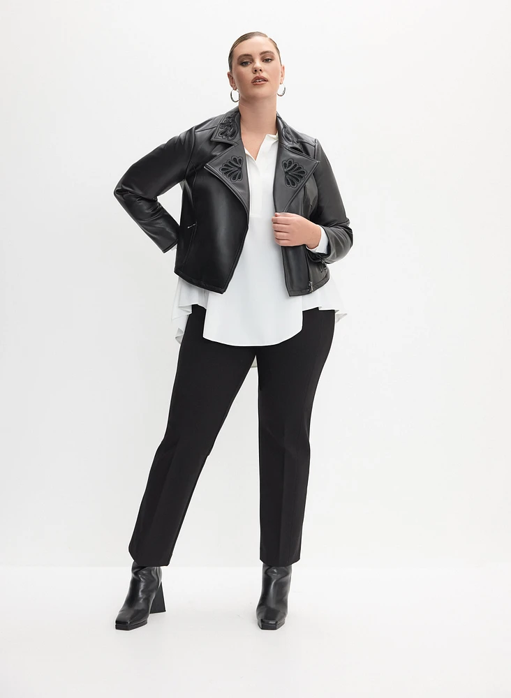 Embroidered Vegan Leather Jacket & Straight-Leg Pull-On Pants