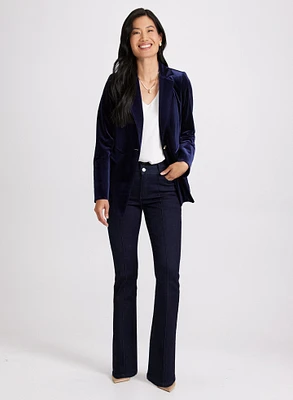 Velvet Flap Pocket Blazer & Flared Pintuck Jeans