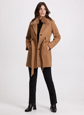 Wool-Blend Faux Fur Collar Coat