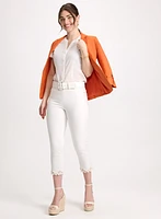 Tab Sleeve Linen Blazer & Embroidered Hem Capri Jeans