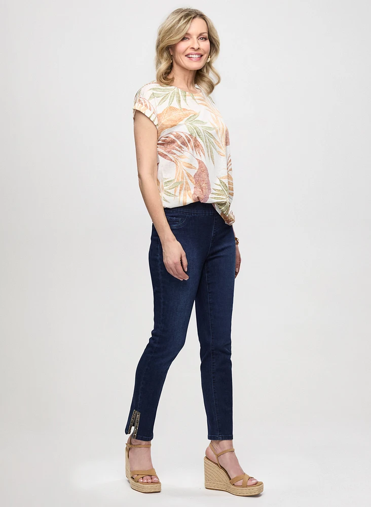 Tropical Print Burnout Tee & Pull-On Straight Leg Jeans