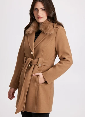 Wool-Blend Faux Fur Collar Coat