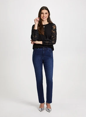 Floral Organza Sleeve Top & Embroidered Jeans