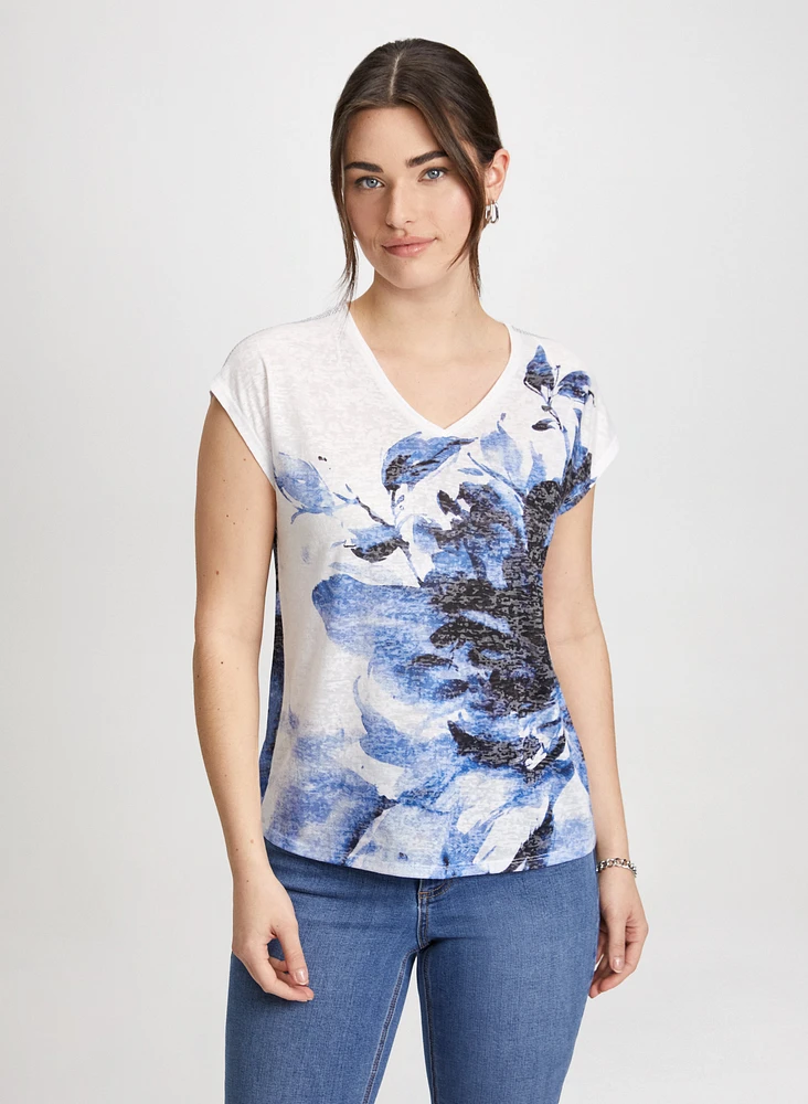 Floral Print Burnout T-Shirt