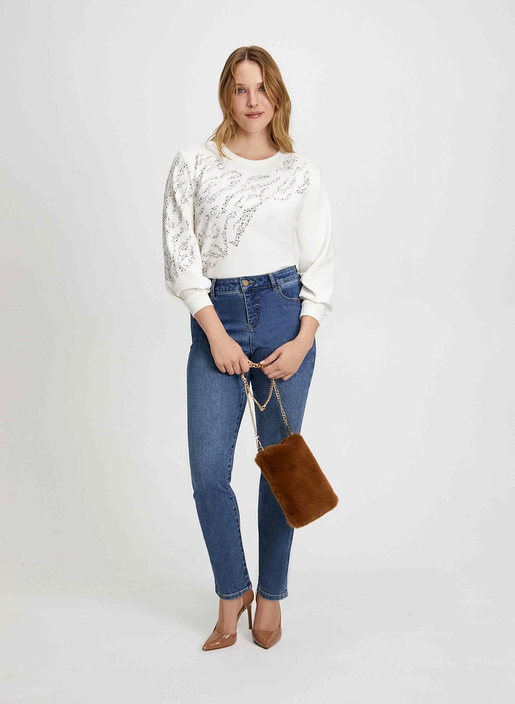 Shimmer Top, Dangle Earrings & Straight Leg Jeans