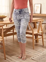 Palm Leaf Print Denim Capris