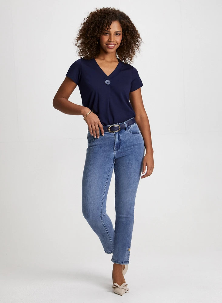 Decorative Button Tee & Button Hem Straight Leg Jeans