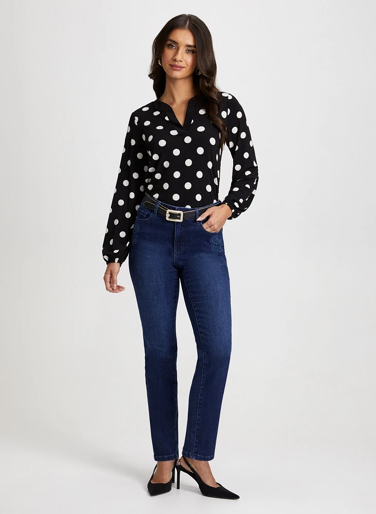 Dot Motif Top & Embroidered Jeans