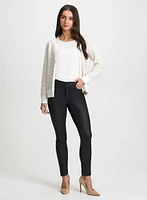 Jewel Button Cardigan & Coated Jeans