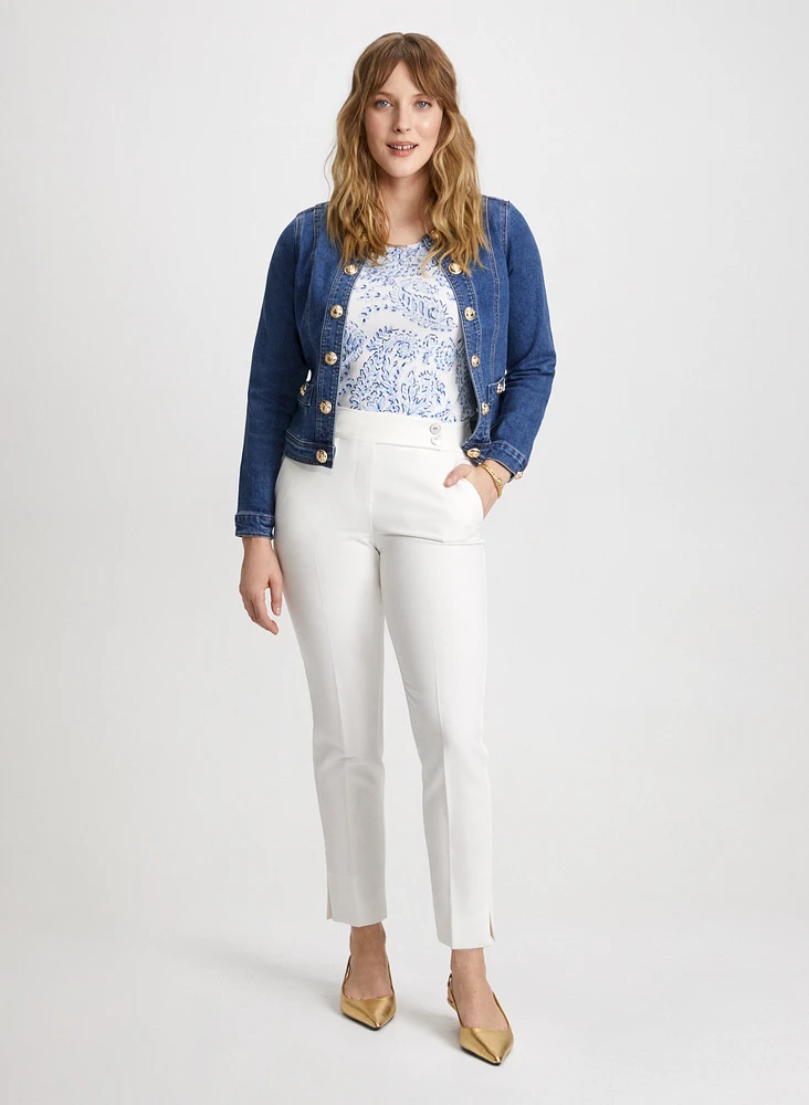 Button Trim Denim Jacket & Slim Leg Ankle Pant