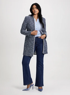 Long Contrasting Trim Bouclé Jacket & Bootcut Jeans