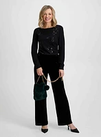 Floral Appliqué Top & Velvet Pants