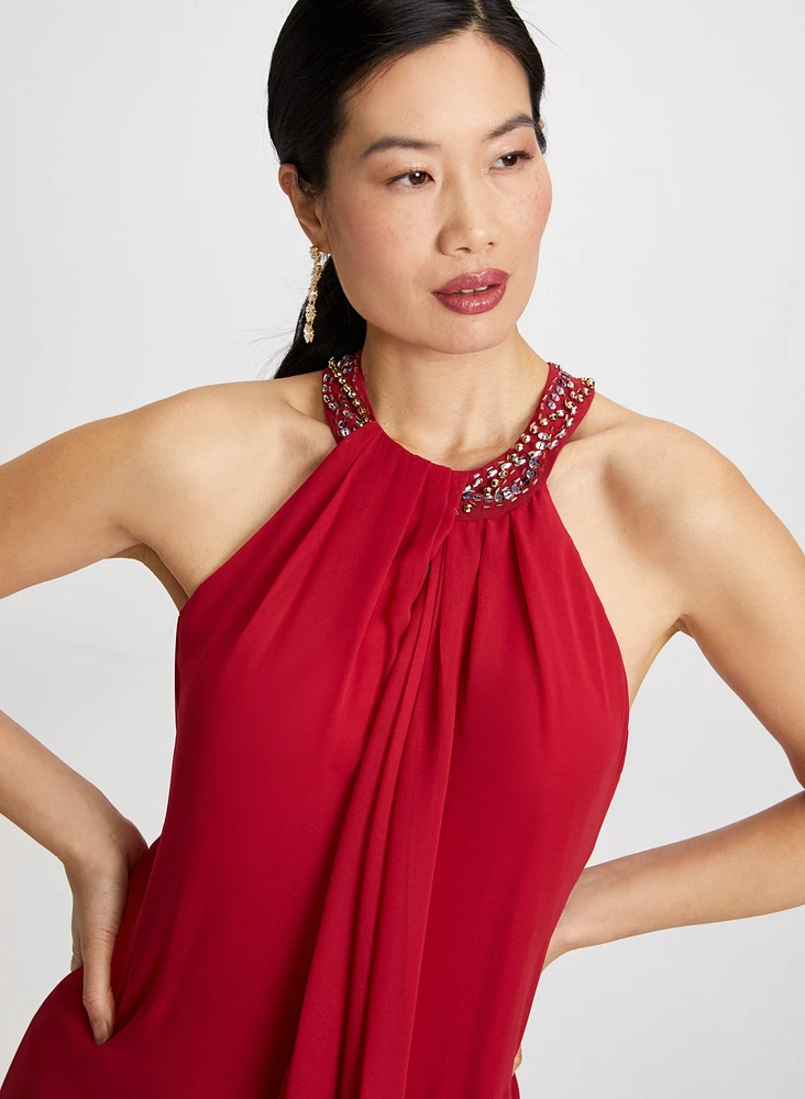 Cascading Ruffle Bead Neck Dress