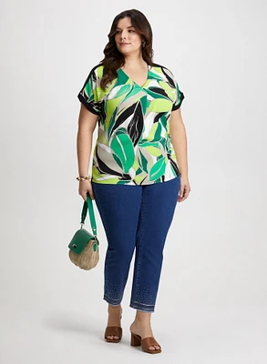 Leaf Print Blouse & Slim Leg Jeans