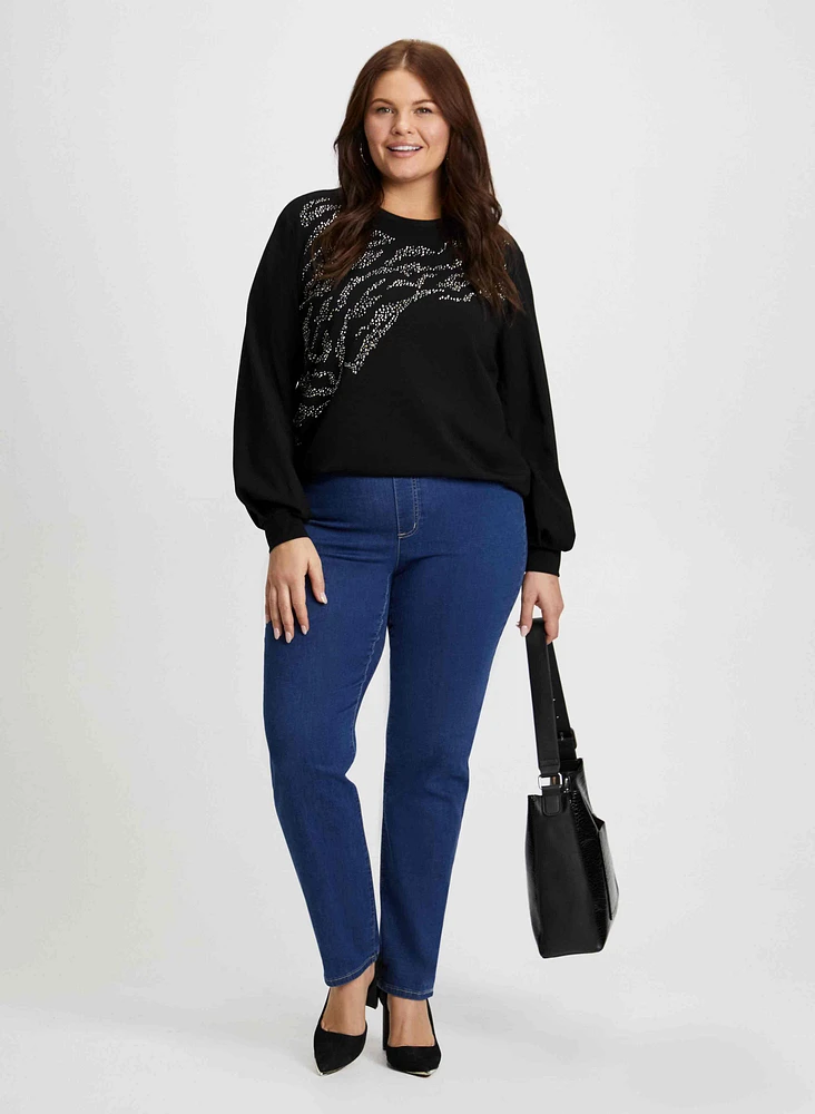 Embellished Zebra Motif Top & Straight Leg Jeans