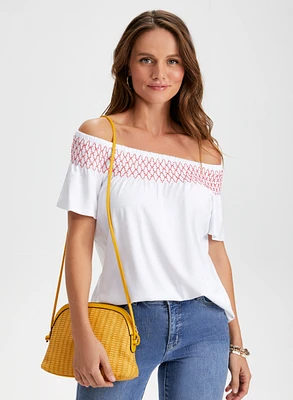 Embroidered Off-the-Shoulder Tee