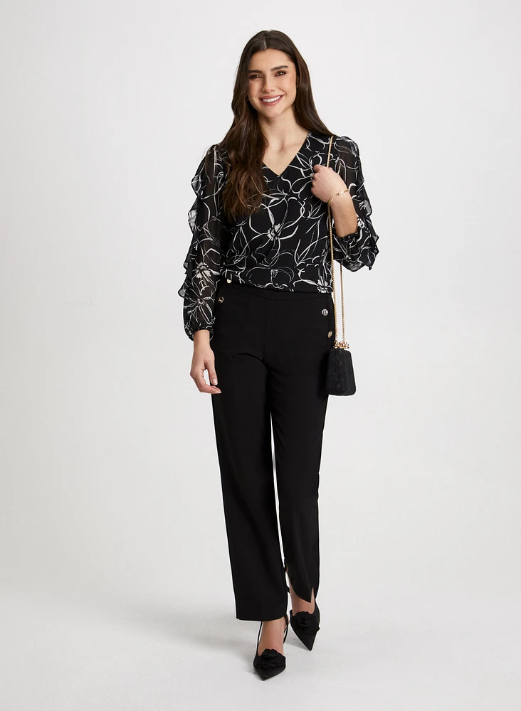 Floral Ruffle Sleeve Blouse & Straight Leg Pants