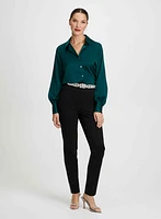 Satin Blouse & Rhinestone Slit Pants