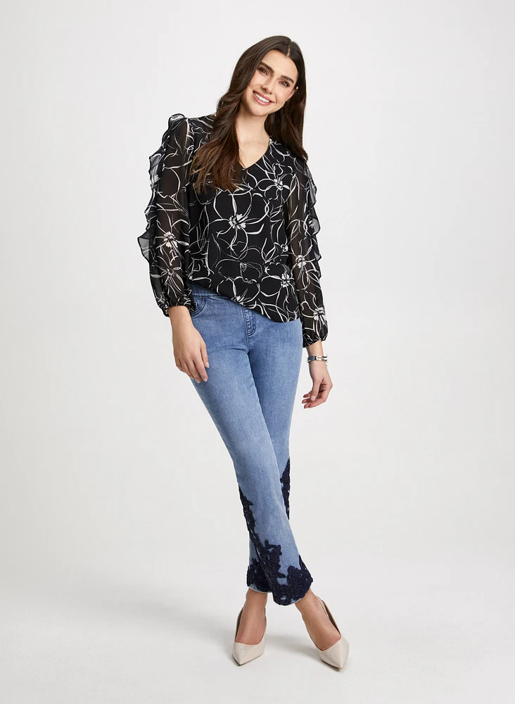 Floral Ruffle Sleeve Blouse &Embroidered Jeans