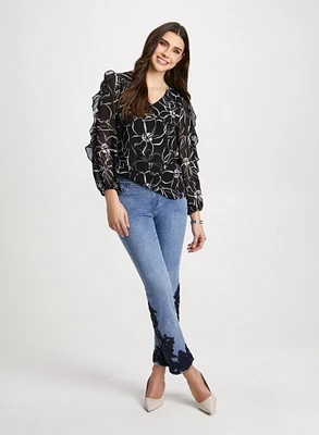 Floral Ruffle Sleeve Blouse &Embroidered Jeans