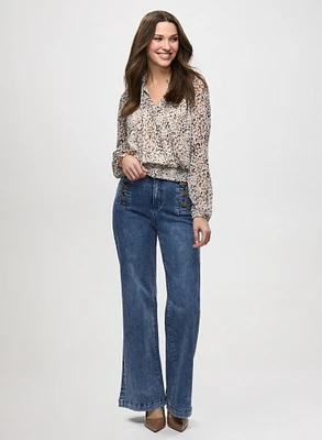 Printed Smocked Top & Wide Leg Jeans