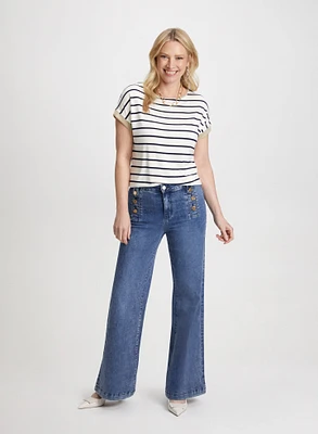 Cap Sleeve Tee & Button Detail Wide Leg Jeans