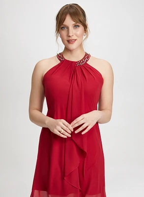 Beaded Halter Neck Chiffon Dress