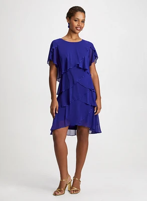 Tiered Flutter Sleeve Dress & Linear Stone Earrings