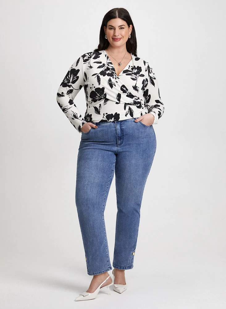 Wrap-Style Top & Straight Leg Jeans