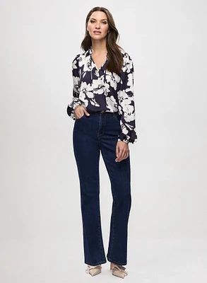 Ruffled Satin Blouse & Bootcut Jeans