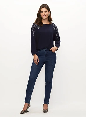 Leaf Appliqué Sweater & Blue Slim Leg Jeans