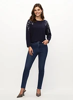 Leaf Appliqué Sweater & Blue Slim Leg Jeans