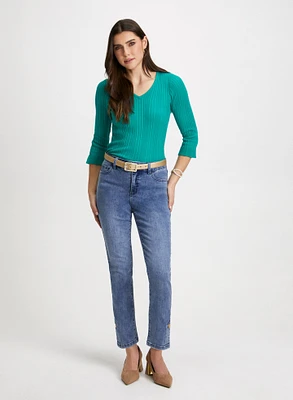 Ruffle Cuff V-Neck Sweater & Button Hem Jeans