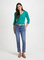 Ruffle Cuff V-Neck Sweater & Button Hem Jeans